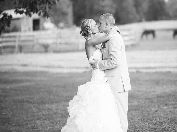 black and white wedding photo outdoors